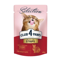 foto вологий корм для дорослих кішок club 4 paws meow-for strips, з кроликом в соусі, 85 г