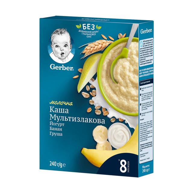 foto дитяча суха молочна швидкорозчинна каша gerber мультизлакова з йогуртом, бананом та грушею, від 8 місяців, 240 г