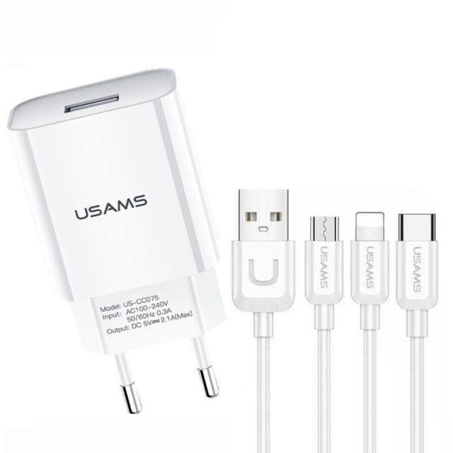 foto мзп usams-lt t18 single usb travel charger (eu) +3in1 charging cable-u turn seriesдля зарядные устройства (білий)