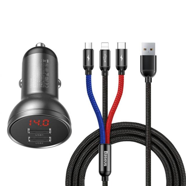 foto азп baseus digital display dual usb 4.8a car charger 24w with three primary colors 3-in-1 cable usb