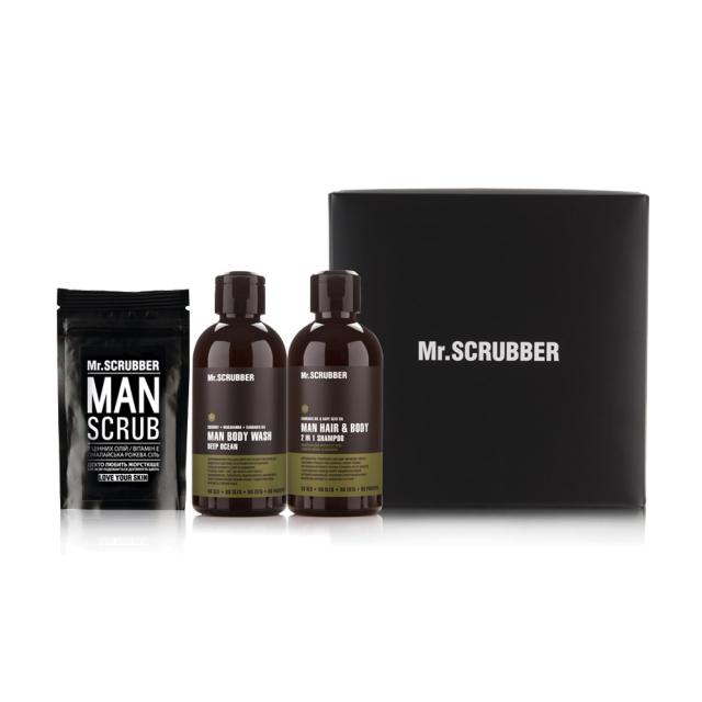 foto набір чоловічий mr.scrubber new man basic (шампунь для волосся та тіла, 1.250 мл + гель для душу, 250 мл + кавовий скраб для тіла, 100 г)