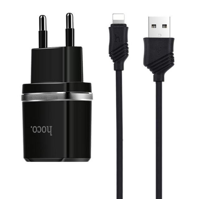 foto мзп hoco c12 charger + cable lightning 2.4a 2usbдля зарядные устройства (чорний)