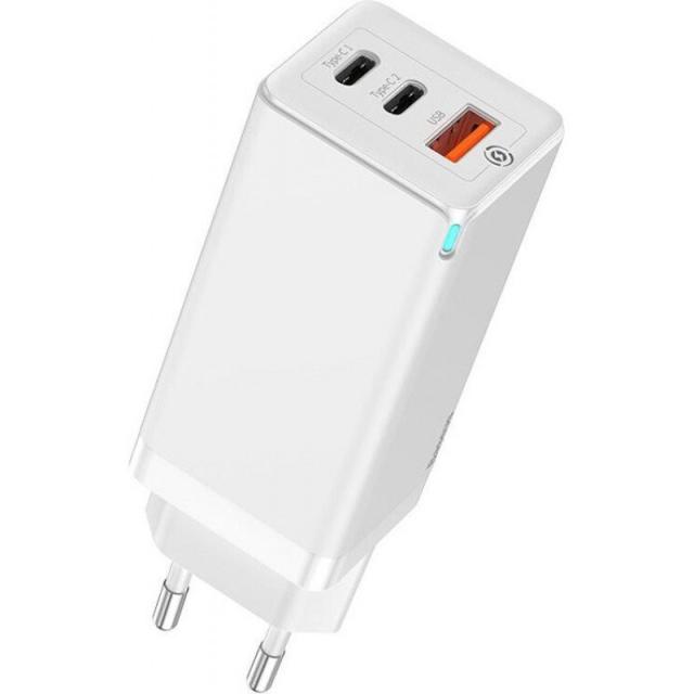 foto мзп baseus gan quick travel charger 65w (2 type-c + 1usb)для зарядные устройства (white)