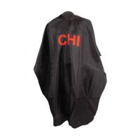 foto чорна перукарська накидка із червоним логотипом chi