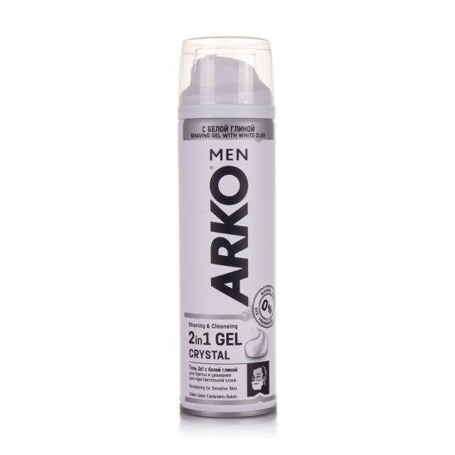 foto чоловічий гель для гоління та вмивання arko men shaving & cleansing 2в1 gel crystal з білою глиною, 200 мл