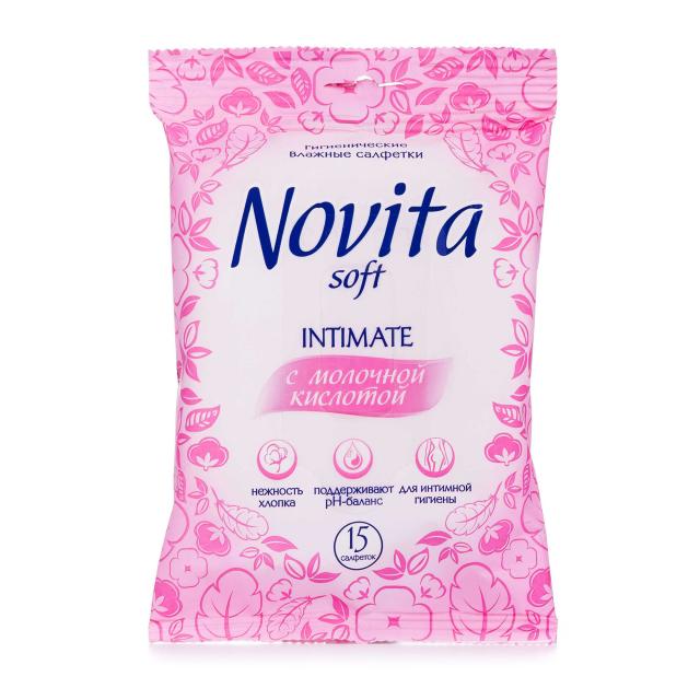 foto вологі серветки для інтимної гігієни novita soft intimate з молочною кислотою, 15 шт
