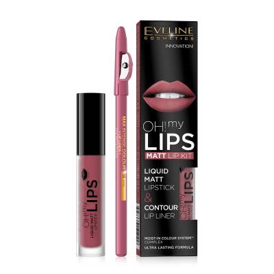 Podrobnoe foto набір eveline cosmetics oh! my lips (матова рідка помада для губ 06, 4.5 мл + контурний олівець для губ, 1.2 г)