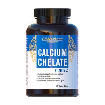 Podrobnoe foto дієтична добавка в капсулах golden pharm calcium chelate vitamin d3 кальцій хелат з вітаміном d3, 120 шт