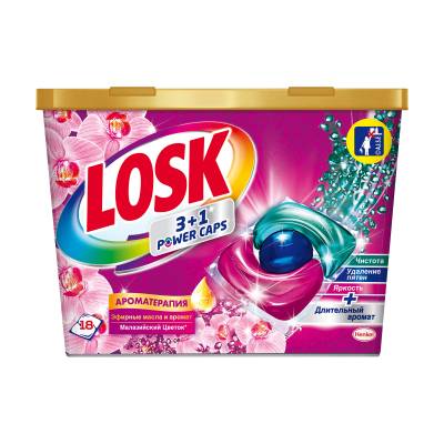 Podrobnoe foto капсули для прання losk 3+1 power caps аромотерапія ефірні олії та малазійська квітка, 18 циклів прання, 18 шт