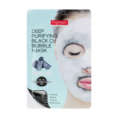 Podrobnoe foto глибоко очищувальна бульбашкова тканинна маска для обличчя purederm deep purifying black o2 bubble mask charcoal з вугіллям, 20 г