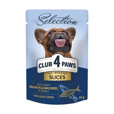 Podrobnoe foto вологий корм для дорослих собак малих порід club 4 paws tail-wagging slices, з лососем та макрелью в соусі, 85 г