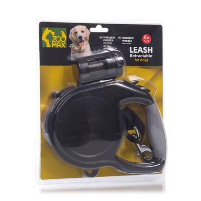 Podrobnoe foto поводок рулетка стрічка для собак zoomax з контейнером для сміттєвих пакетів, чорний, 8 м, 50 кг, (ms-3016b-8m-black)