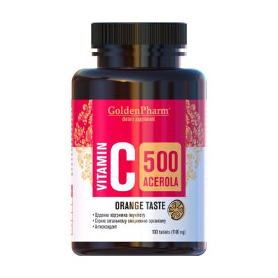 Podrobnoe foto дієтична добавка в таблетках golden pharm вітамін c acerola 500 мг зі смаком апельсина, 100 шт