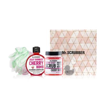 Podrobnoe foto набір mr.scrubber cherry bomb (цукровий скраб, 300 г + гель для душу, 300 мл + мочалка)