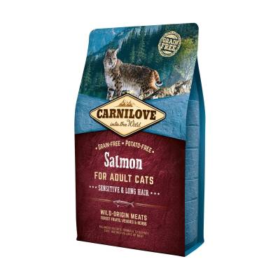 Podrobnoe foto сухий корм для кішок з чутливим травленням carnilove cat sensitive & long hair з лососем, 2 кг