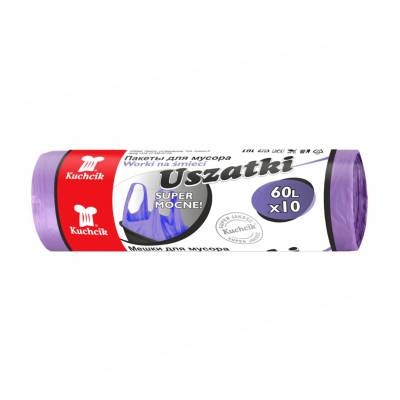 Podrobnoe foto пакети для сміття kuchcik фіолетові з ручками, супер міцні, 60 л, 10 шт