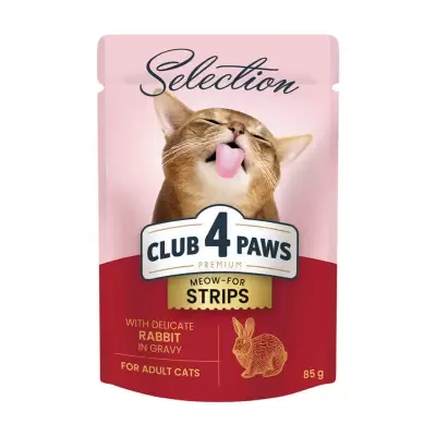 Podrobnoe foto вологий корм для дорослих кішок club 4 paws meow-for strips, з кроликом в соусі, 85 г