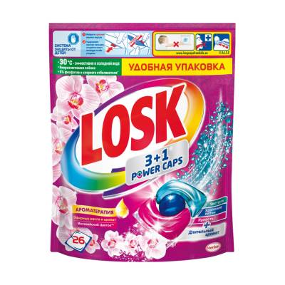 Podrobnoe foto капсули для прання losk 3+1 power caps аромотерапія ефірні олії та малазійська квітка, 26 циклів прання, 26 шт