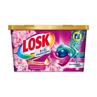 Podrobnoe foto капсули для прання кольорових речей losk 3+1 power-caps аромотерапія малазійська квітка, 12 циклів прання, 12 шт