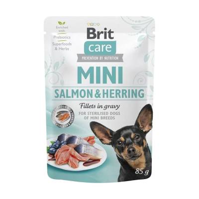 Podrobnoe foto вологий корм для стерилізованих собак малих порід brit care mini salmon & herring fillets in gravy for sterilised dogs з лососем та оселедцем, 85 г