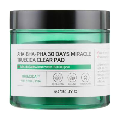Podrobnoe foto кислотні педи для обличчя some by mi aha-bha-pha 30 days miracle truecica clear pad, для проблемної шкіри, 70 шт