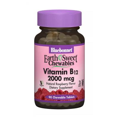 Podrobnoe foto харчова добавка в жувальних таблетках bluebonnet nutrition earth sweet chewables vitamin b12 вітамін в12, 2000 мкг, зі смаком малини, 90 шт
