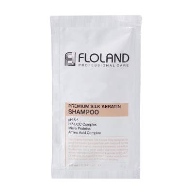 Podrobnoe foto відновлювальний шампунь для волосся floland premium silk keratin shampoo з кератином, 10 мл (саше)