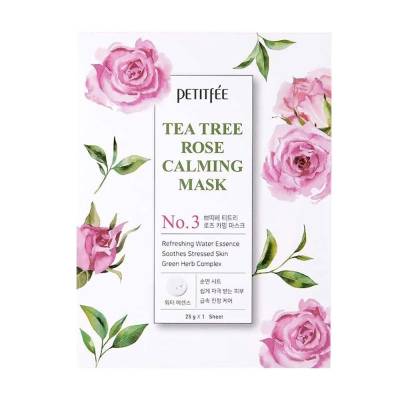Podrobnoe foto заспокійлива тканинна маска для обличчя petitfee & koelf tea tree rose calming mask з екстрактом чайного дерева та троянди, 25 г