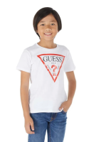 foto дитяча бавовняна футболка guess колір білий з принтом