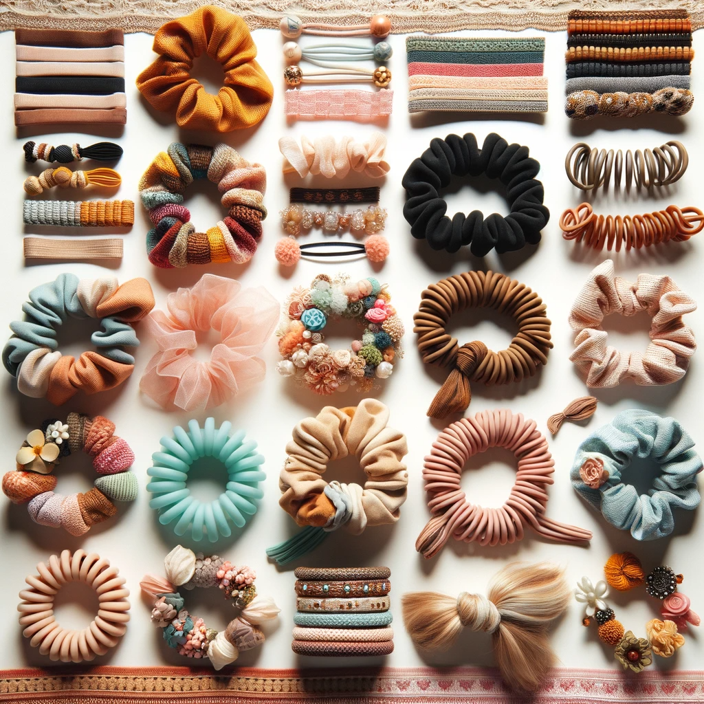 A collage of various hair ties showcasing different styles and materials. The image includes traditional elastic bands, silicone spiral hair ties, fab.png