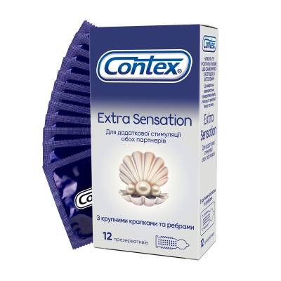 Podrobnoe foto презервативи contex extra sensation з крупними крапками та ребрами для додаткової стимуляції обох партнерів, 12 шт