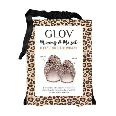 Podrobnoe foto набір рушників-тюрбанів для волосся glov mommy & me set cheetah (великий, 1 шт + маленький, 1 шт + мішечок для зберігання, 1 шт)